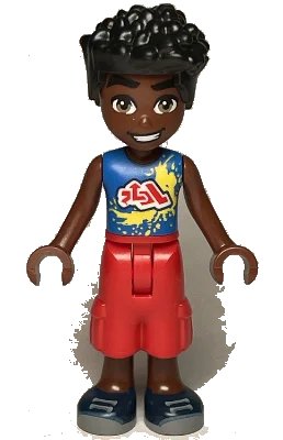 LEGO onderdeel Friends Zac - Blue Shirt with Red Symbols and Yellow Splotches, Red Cropped Trousers, Dark Blue Shoes (frnd0725)