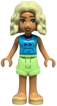 LEGO part Friends Nova - Medium Azure Sleeveless Hoodie, Yellowish Green Shorts, Bright Light Yellow Sandals frnd0739