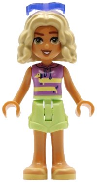 LEGO part Friends Nova - Medium Lavender Sleeveless Hoodie with Dachshund, Yellowish Green Shorts, Bright Light Yellow Sandals, Glasses frnd0772