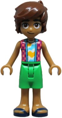 LEGO onderdeel Friends Leo - Coral and Magenta Checkered Sleeveless Shirt, Bright Green Shorts, Dark Blue Sandals frnd0836