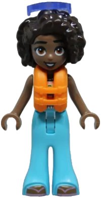 LEGO part Friends Aliya - White Crochet Top, Medium Azure Trousers Bell-Bottoms, Metallic Pink Flip Flops, Orange Life Jacket, Trans-Purple Sunglasses frnd0842