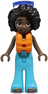 LEGO onderdeel Friends Aliya - White Crochet Top, Medium Azure Trousers Bell-Bottoms, Metallic Pink Flip Flops, Orange Life Jacket, Trans-Purple Sunglasses (frnd0842)
