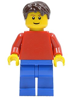 LEGO onderdeel Plain Red Torso with Red Arms, Blue Legs, Dark Brown Short Tousled Hair (game008)
