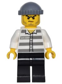 LEGO part Police - Jail Prisoner 50380 Prison Stripes, Black Legs, Dark Bluish Gray Knit Cap, Beard Stubble and Scowl game009