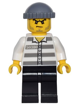 LEGO onderdeel Police - Jail Prisoner 50380 Prison Stripes, Black Legs, Dark Bluish Gray Knit Cap, Beard Stubble and Scowl (game009)