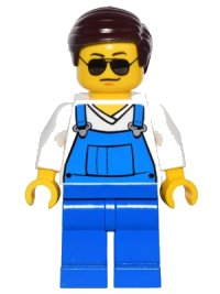 LEGO part Overalls Blue over V-Neck Shirt, Blue Legs, Dark Brown Smooth Hair, Black and Silver Sunglasses, Black Eyebrows game016
