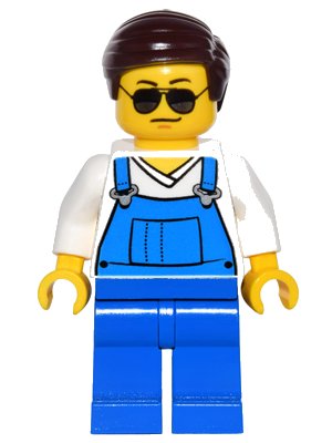 LEGO onderdeel Overalls Blue over V-Neck Shirt, Blue Legs, Dark Brown Smooth Hair, Black and Silver Sunglasses, Black Eyebrows (game016)