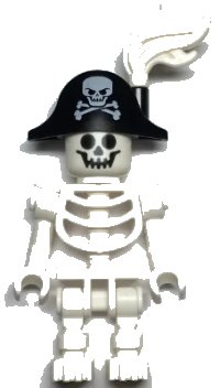 LEGO onderdeel Skeleton - Standard Skull, Bent Arms Vertical Grip, Black Bicorne Hat with Skull and Crossbones, White Plume gen135