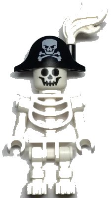 LEGO onderdeel Skeleton - Standard Skull, Bent Arms Vertical Grip, Black Bicorne Hat with Skull and Crossbones, White Plume (gen135)