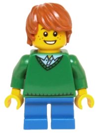 LEGO part Child - Boy, Green V-Neck Sweater, Blue Short Legs, Dark Orange Tousled Hair, Freckles hol058