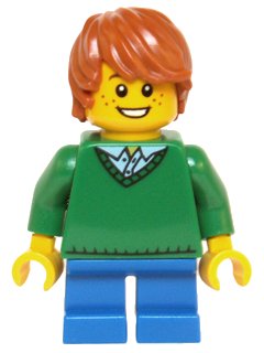 LEGO onderdeel Child - Boy, Green V-Neck Sweater, Blue Short Legs, Dark Orange Tousled Hair, Freckles (hol058)