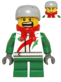 LEGO part Octan - Jacket with Red and Green Stripe, Green Short Legs, Red Bandana, Helmet Sports with Vent Holes, Black Eye Corner Crinkles hol070b