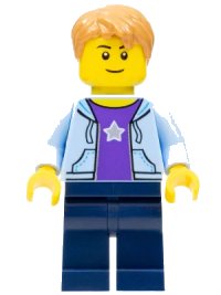 LEGO part Boy, Bright Light Blue Hoodie with White Star, Dark Blue Legs, Medium Nougat Hair Short Tousled with Side Part hol084