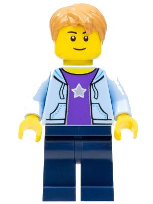 LEGO onderdeel Boy, Bright Light Blue Hoodie with White Star, Dark Blue Legs, Medium Nougat Hair Short Tousled with Side Part (hol084)
