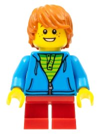 LEGO onderdeel Child - Boy, Dark Azure Hoodie, Red Short Legs, Dark Orange Tousled Hair, Freckles hol087