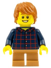 LEGO part Child - Boy, Dark Blue Plaid Button Shirt, Medium Nougat Short Legs, Dark Orange Tousled Hair, Freckles hol088