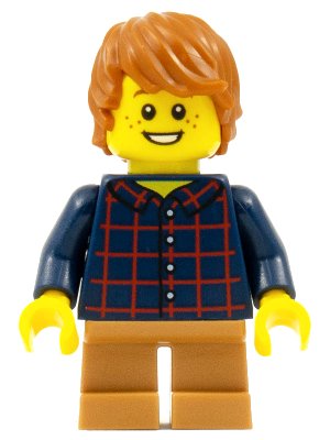 LEGO onderdeel Child - Boy, Dark Blue Plaid Button Shirt, Medium Nougat Short Legs, Dark Orange Tousled Hair, Freckles (hol088)