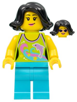 LEGO onderdeel Female Lime Halter Top with Dolphin Pattern, Medium Azure Legs, Black Female Hair Short Swept Sideways (hol089)