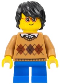 LEGO part Child - Boy, Medium Nougat Argyle Sweater, Blue Short Legs, Black Tousled Hair, Glasses, Freckles hol104