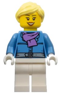 LEGO part Female, Jacket with Medium Lavender Scarf, White Legs, Bright Light Yellow Ponytail, Open Mouth Smile hol126