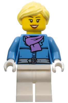 LEGO onderdeel Female, Jacket with Medium Lavender Scarf, White Legs, Bright Light Yellow Ponytail, Open Mouth Smile (hol126)