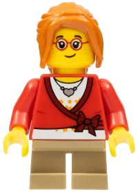 LEGO onderdeel Child - Girl, Sweater Cropped with Bow, Heart Necklace, Dark Tan Short Legs, Dark Orange Ponytail Long with Side Bangs, Glasses, Freckles hol127