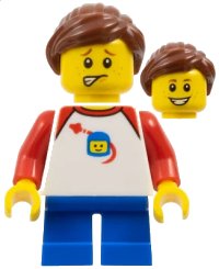 LEGO part Girl - Shirt with Red Collar, Spaceship Orbiting Classic Space Helmet, Blue Short Legs, Ponytail and Swept Sideways Fringe, Freckles hol132