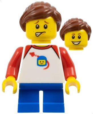 LEGO onderdeel Girl - Shirt with Red Collar, Spaceship Orbiting Classic Space Helmet, Blue Short Legs, Ponytail and Swept Sideways Fringe, Freckles (hol132)