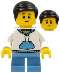 LEGO part Child - Boy, White Hoodie with Medium Blue Pocket, Medium Blue Short Legs, Black Hair, Freckles hol146