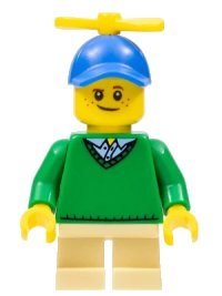 LEGO part Boy - Freckles, Green Sweater, Tan Short Legs, Blue Cap with Tiny Yellow Propeller hol163
