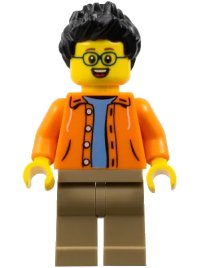 LEGO part Man, Black Spiky Hair, Glasses, Orange Jacket, Sand Blue Shirt, Dark Tan Legs hol185