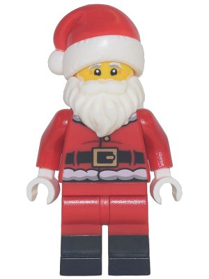 LEGO onderdeel Santa - Red Fur Lined Jacket with Button and Plain Back, Red Legs with Black Boots, White Bushy Moustache and Beard (hol253)