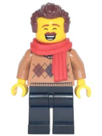 LEGO onderdeel Dad - Medium Nougat Argyle Sweater, Red Scarf, Black Legs, Reddish Brown Hair hol254
