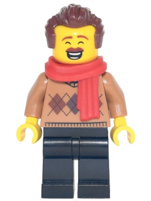 LEGO onderdeel Dad - Medium Nougat Argyle Sweater, Red Scarf, Black Legs, Reddish Brown Hair (hol254)
