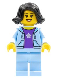 LEGO onderdeel Woman, Black Hair, Bright Light Blue Jacket, Dark Purple Star Shirt, Bright Light Blue Legs hol261