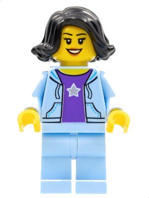 LEGO onderdeel Woman, Black Hair, Bright Light Blue Jacket, Dark Purple Star Shirt, Bright Light Blue Legs (hol261)