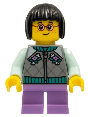 LEGO onderdeel Child - Girl, Flat Silver Jacket, Medium Lavender Short Legs, Black Short Hair, Glasses, Freckles (hol262)