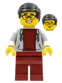 LEGO part Man, Black Hair, Glasses, Light Bluish Gray Hoodie, Dark Red Shirt and Legs hol274