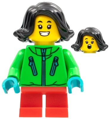 LEGO onderdeel Child - Girl, Bright Green Jacket, Red Short Legs, Black Hair (hol275)