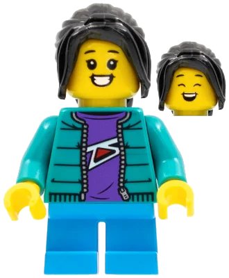 LEGO onderdeel Child - Girl, Dark Turquoise Jacket over Dark Purple Shirt, Dark Azure Short Legs, Black Ponytail (hol276)
