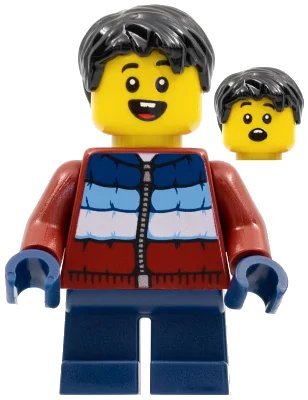 LEGO onderdeel Child - Boy, Dark Red Puffy Coat, Dark Blue Short Legs, Black Hair (hol278)