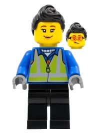 LEGO part Woman, Black Hair, Blue Coat, Lime Safety Vest, Black Legs hol279