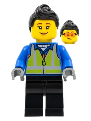 LEGO onderdeel Woman, Black Hair, Blue Coat, Lime Safety Vest, Black Legs (hol279)