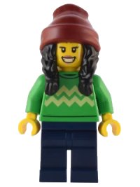 LEGO onderdeel Holiday Shopper - Female, Bright Green Sweater with Bright Light Yellow Zigzag Lines, Dark Blue Legs, Dark Red Beanie with Black Hair hol286