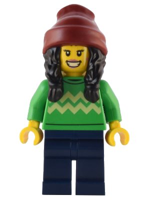 LEGO onderdeel Holiday Shopper - Female, Bright Green Sweater with Bright Light Yellow Zigzag Lines, Dark Blue Legs, Dark Red Beanie with Black Hair (hol286)