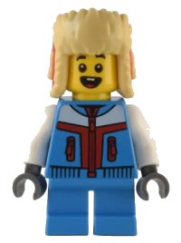 LEGO part Child - Boy, Dark Azure Jacket and Short Legs, Red and Tan Ushanka Hat hol288