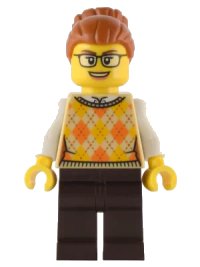 LEGO part Santa's Toys and Games Store Owner - Female, Tan Knit Argyle Sweater Vest, Dark Brown Legs, Dark Orange Hair with Bun, Glasses hol291