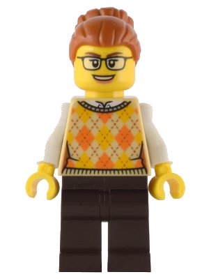 LEGO onderdeel Santa's Toys and Games Store Owner - Female, Tan Knit Argyle Sweater Vest, Dark Brown Legs, Dark Orange Hair with Bun, Glasses (hol291)
