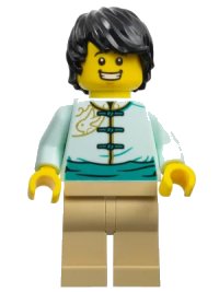 LEGO part Lunar New Year Parade Participant - Male, Light Aqua Tang Jacket, Tan Legs, Black Hair hol305