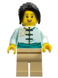 LEGO part Lunar New Year Parade Participant - Female, Light Aqua Tang Jacket, Tan Legs, Black Hair hol306
